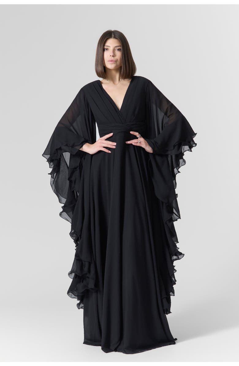 Le Fafo Luna Ruffles Sleeves Chiffon Maxi Dress, Alternate, color, Black