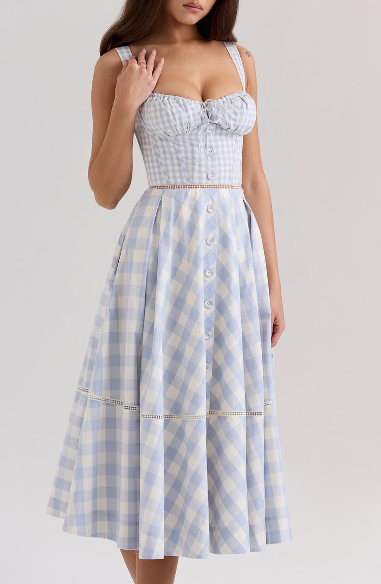 HOUSE OF CB Chiarina Gingham Stretch Cotton Midi Sundress, Alternate, color, Gingham Zen Blue