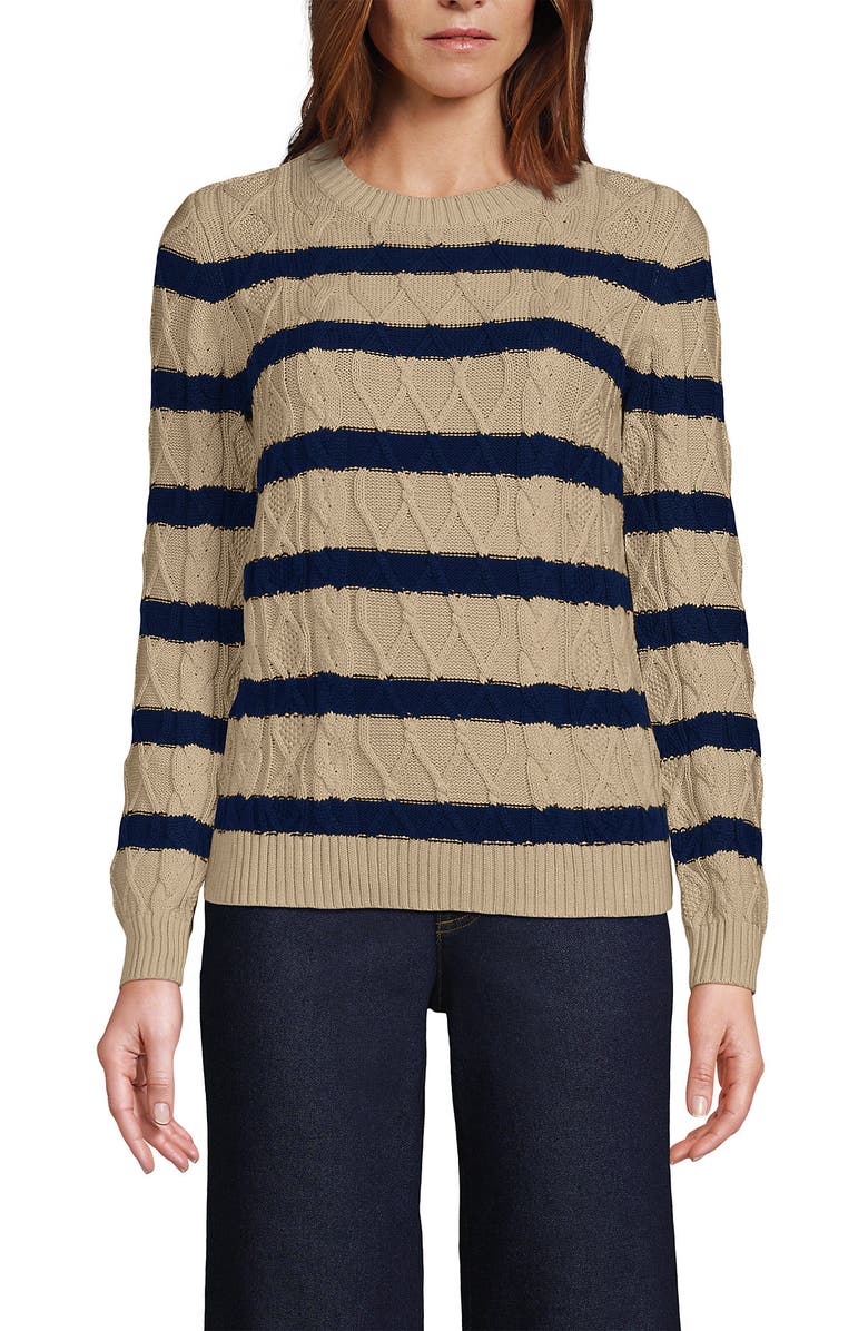 Lands' End Cotton Drifter Crew Cable Pullover Sweater, Main, color, Champagne/Deep Sea Gulf Stripe