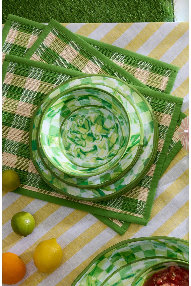 Green Marble Check Set of 4 Melamine Dinner Plates, Alternate, color, GREEN