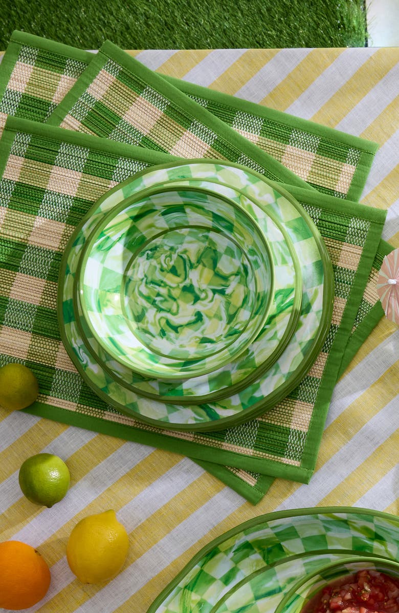MACKENZIE CHILDS Green Marble Check Set of 4 Melamine Dinner Plates, Alternate, color, Green