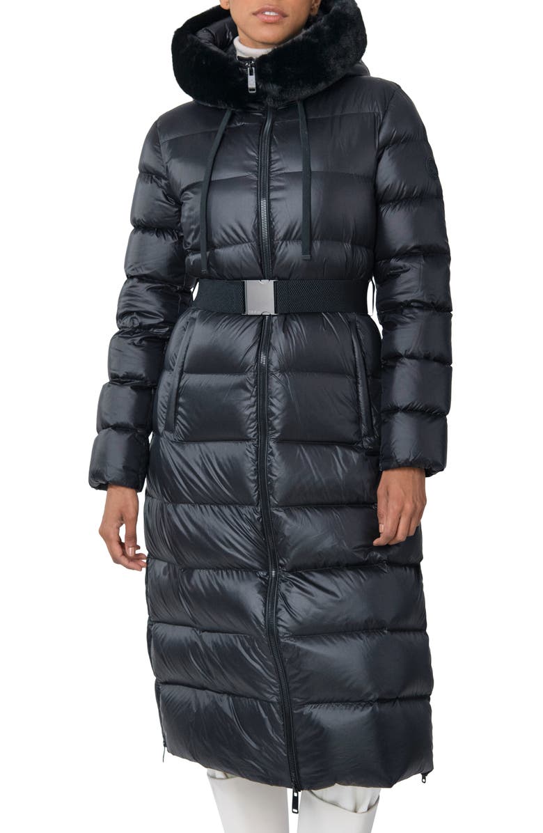 The Recycled Planet Company Romi Belted Faux Fur Trim Water Resistant Puffer Coat, Main, color, 