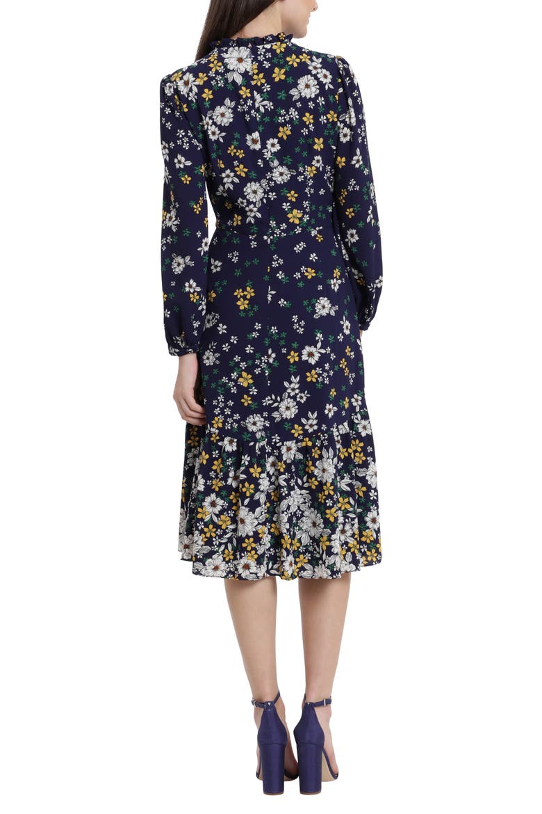 Floral Ruffle Neck Long Sleeve Midi Dress, Alternate, color, NAVY/ SUNLIGHT YELLOW