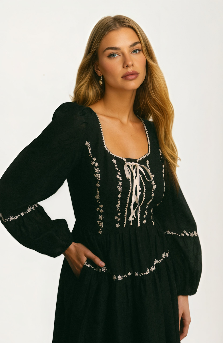 Knit and Lounge Long Sleeve Lace-Up Embroidered Maxi Dress, Alternate, color, Black