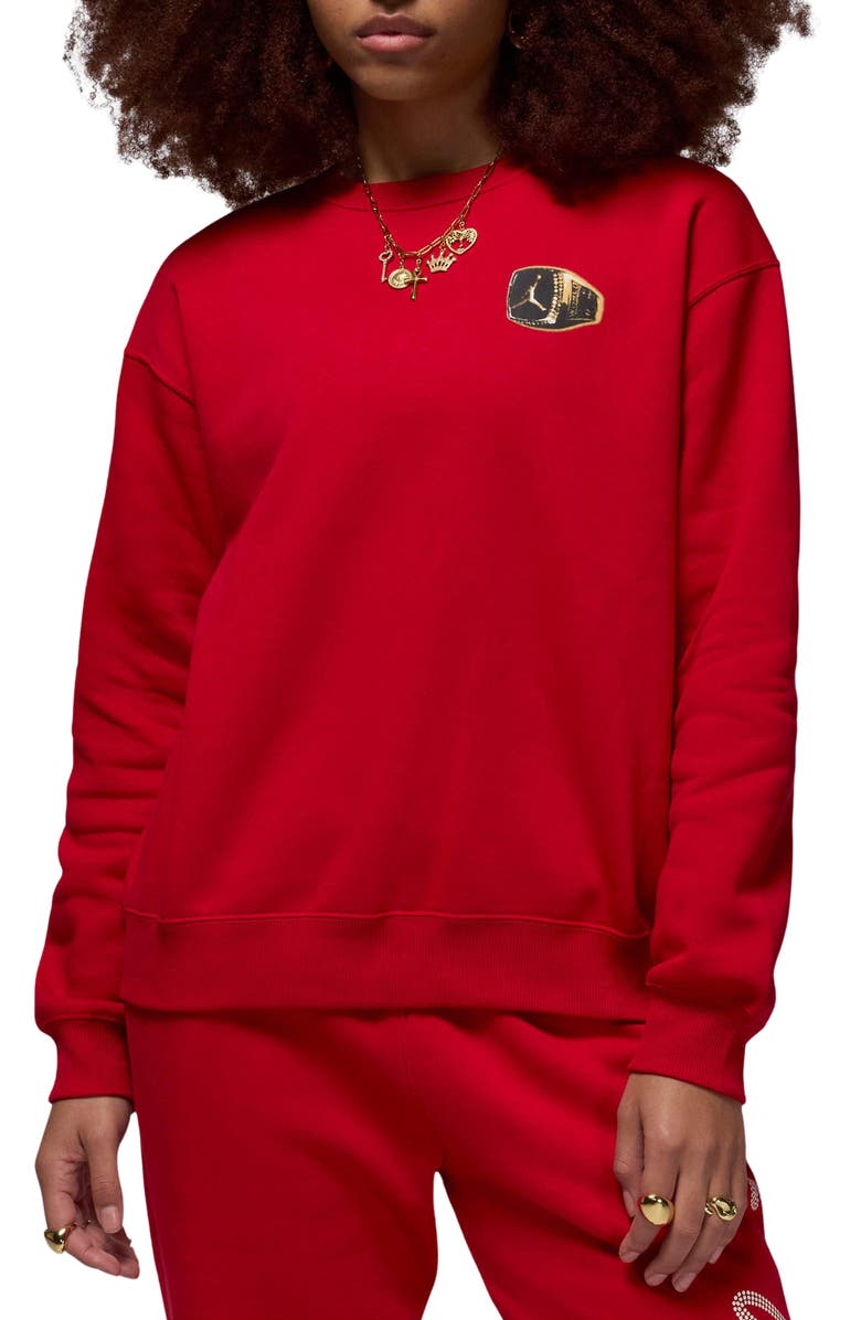 Nike Jordan Brooklyn Fleece Crewneck Sweatshirt, Main, color, Gym Red/ White