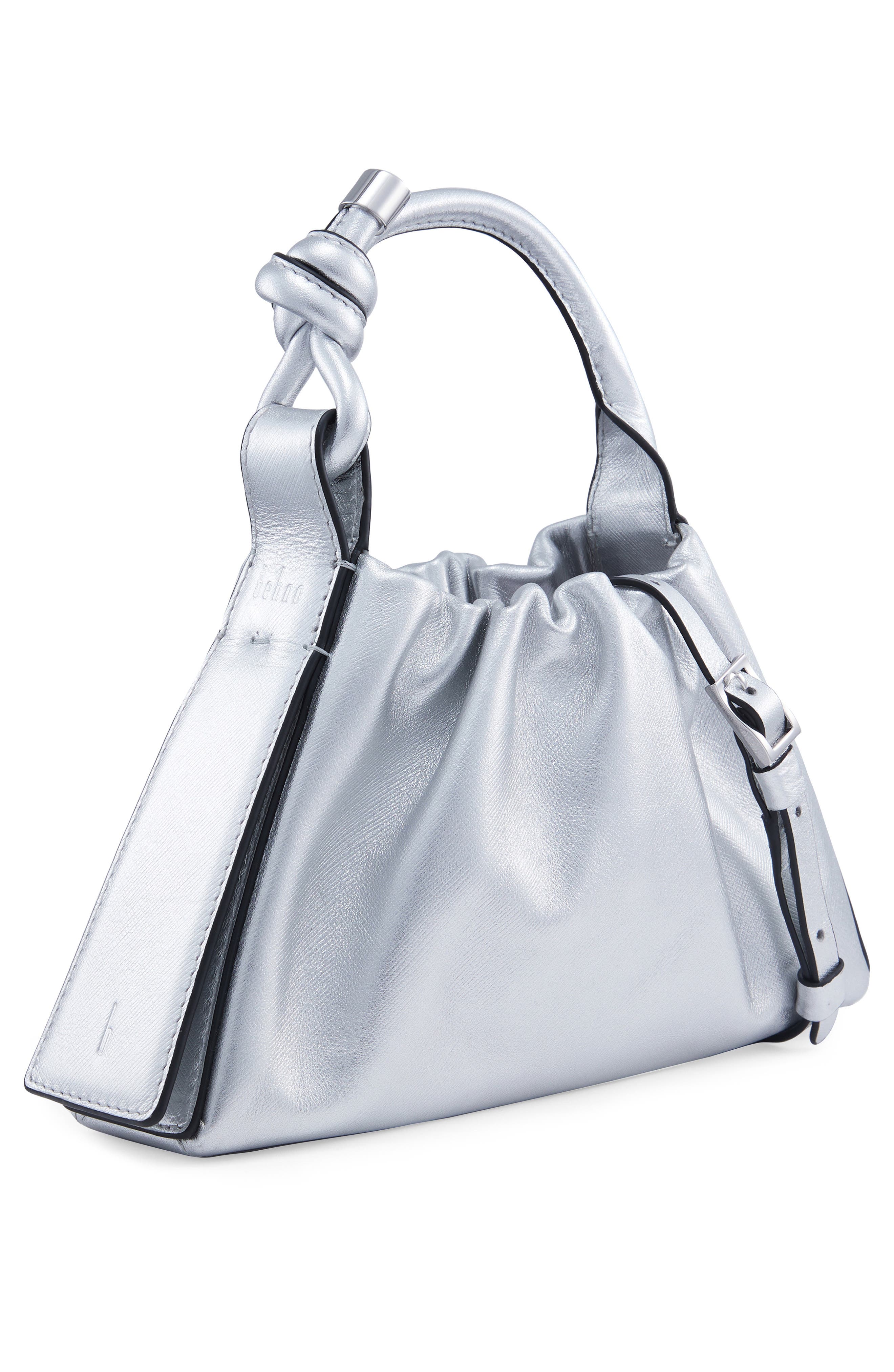 behno Mini Tina Ruched Metallic Leather Baguette Top Handle Bag, Alternate, color, Silver
