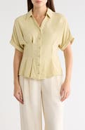 Adrianna Papell Pleated Waist Short Sleeve Button-Up Shirt