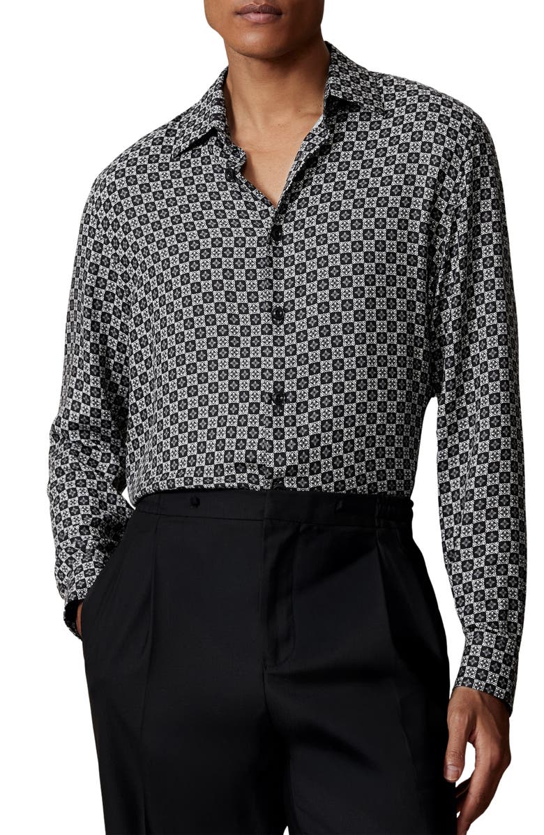 Reiss Nix Print Button-Up Shirt, Main, color, Black