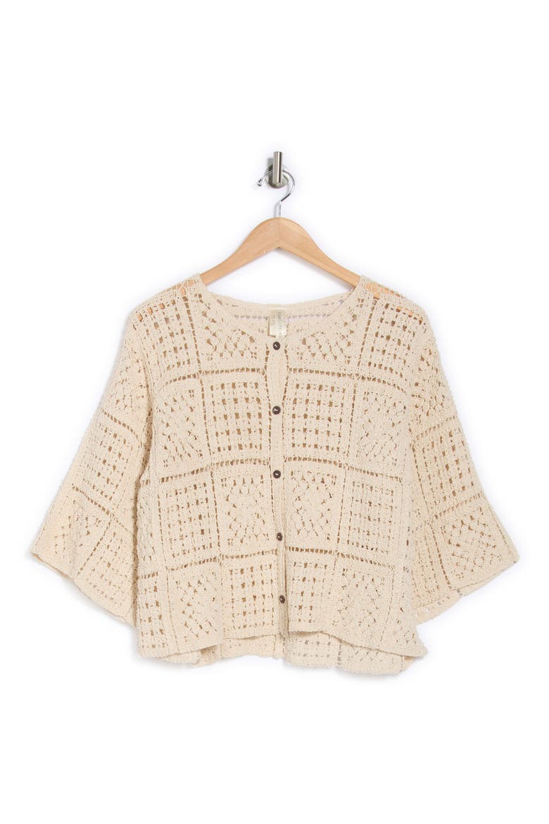 Crochet Short Sleeve Button-Up Crop Top, Alternate, color, NATURAL