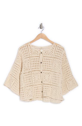 Forgotten Grace Crochet Short Sleeve Button-up Crop Top In Natural