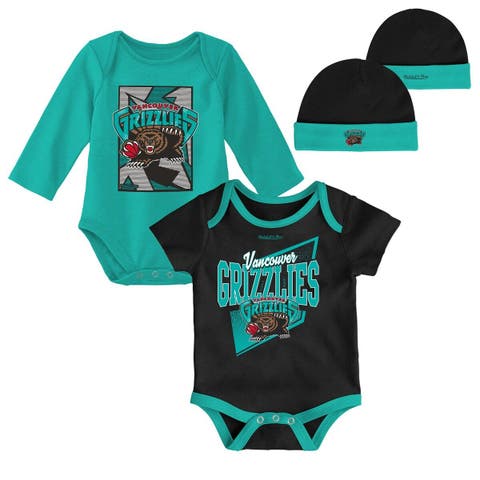 Newborn & Infant Mitchell & Ness Black/Turquoise Vancouver Grizzlies 3-Piece Hardwood Classics Bodysuits & Cuffed Knit Hat Set