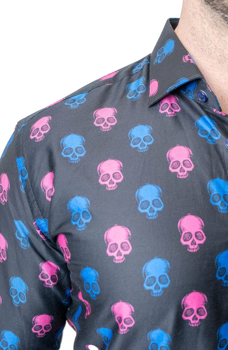 Maceoo Fibonacci Skull Print Contemporary Fit Button-Up Shirt, Alternate, color, Black