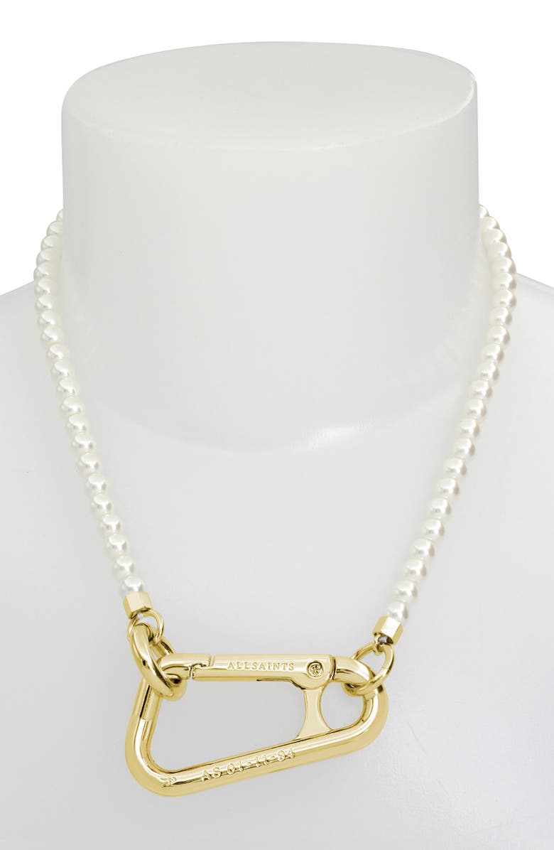 AllSaints Imitation Pearl Carabiner Collar Necklace, Alternate, color, Gold