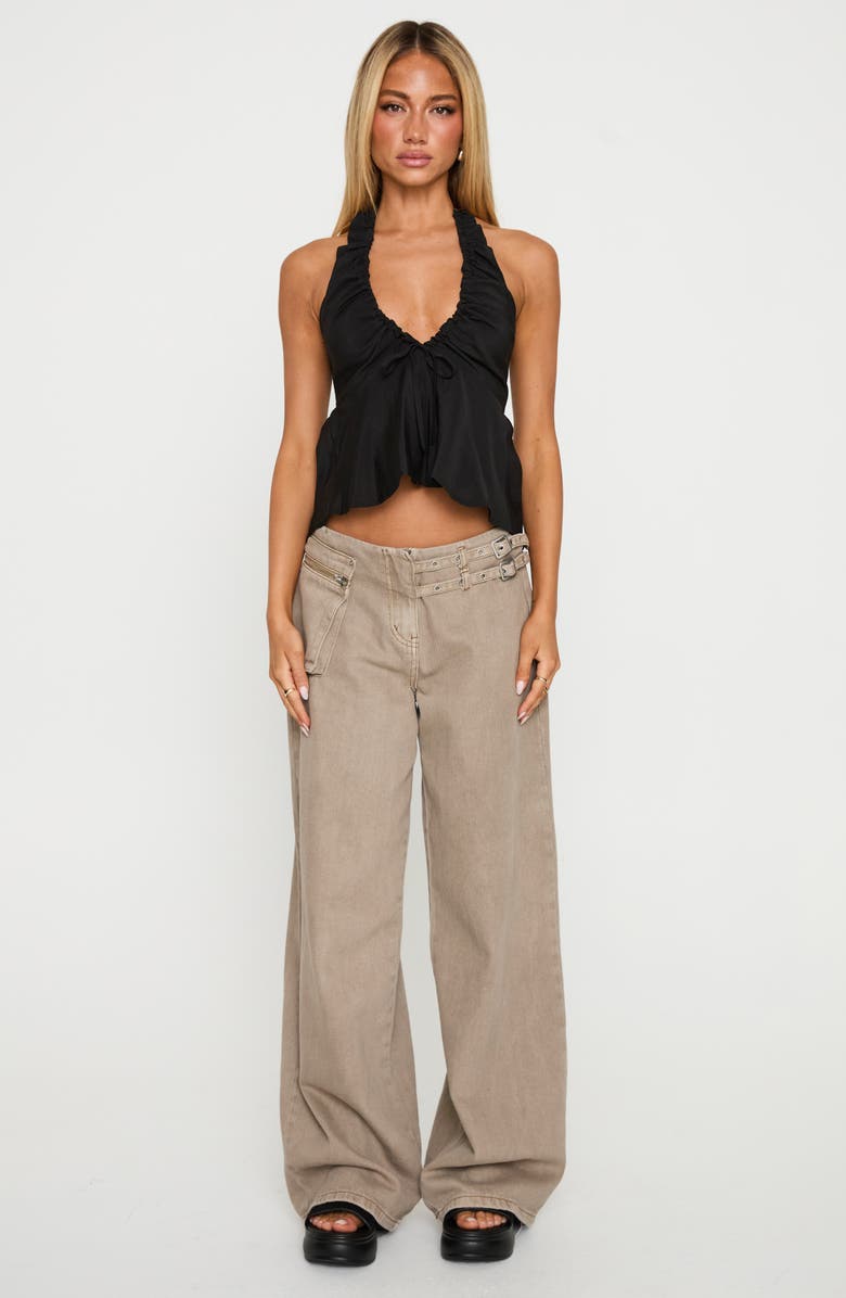 Princess Polly Gadot Ruched Halter Top, Alternate, color, Black