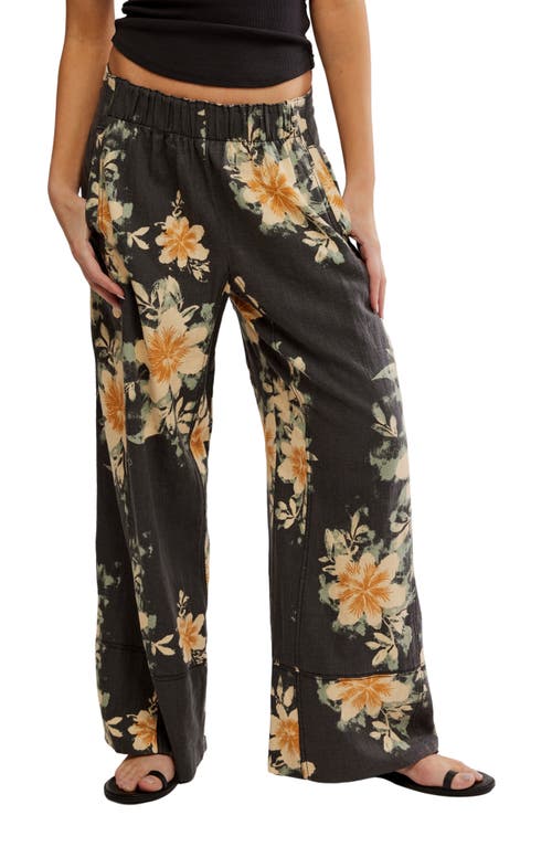 Free People Days End Floral Wide Leg Linen Blend Pants In Black