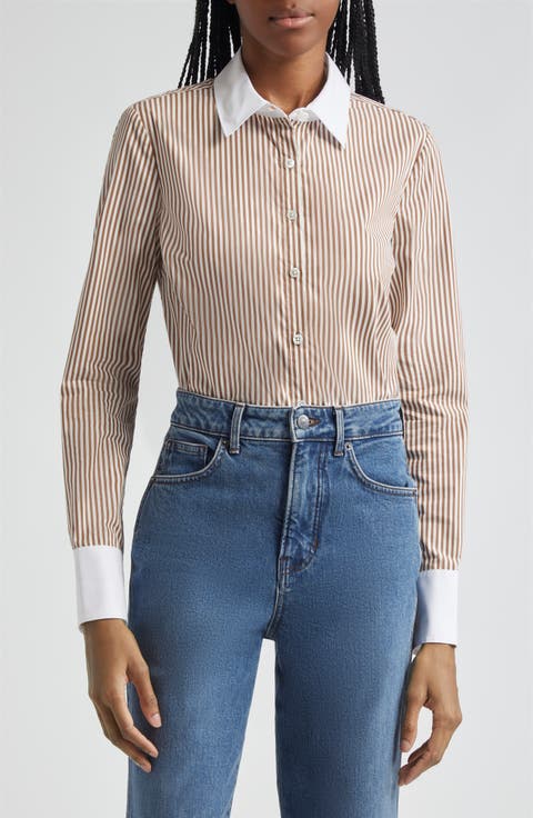 Marisol Stripe Contrast Detail Cotton Blend Button-Up Shirt