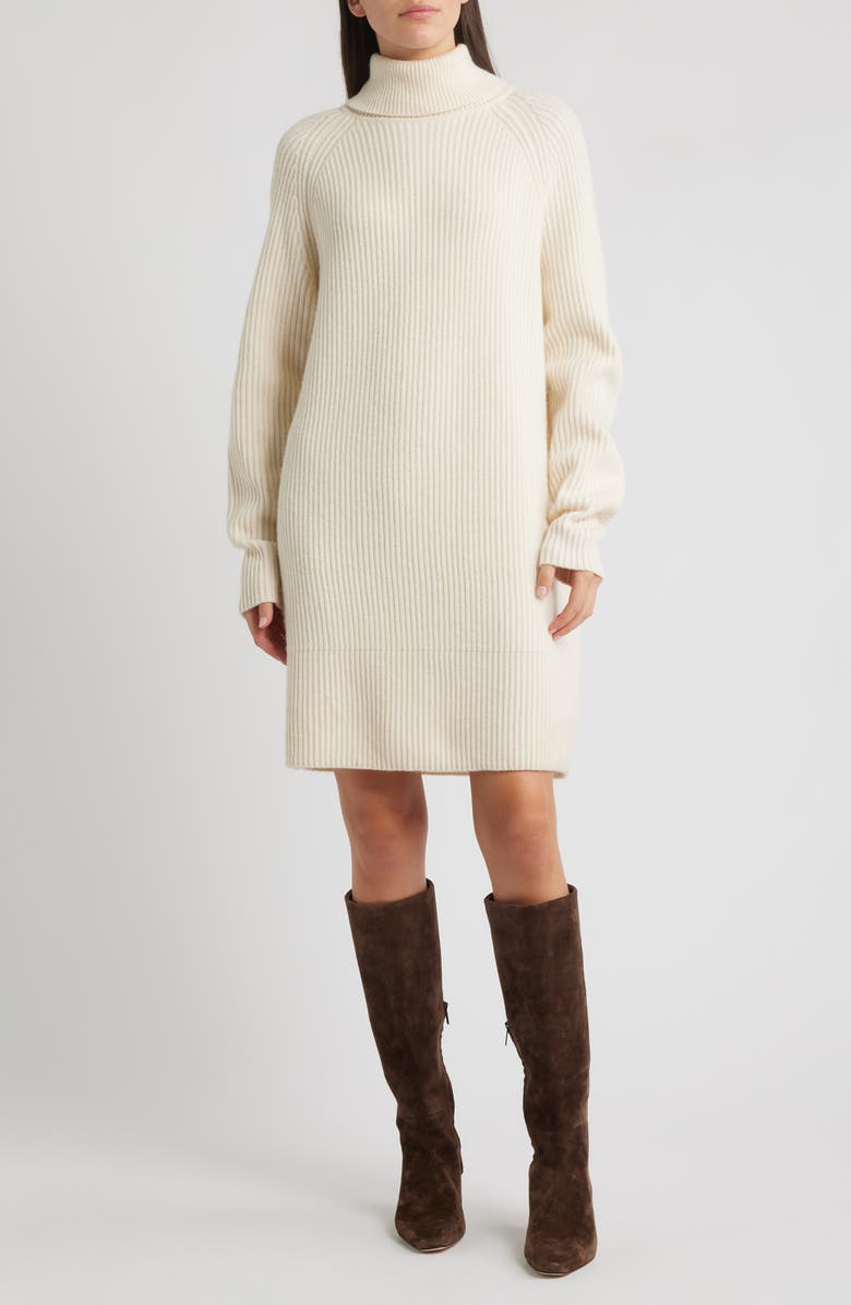 BOSS Foclore Long Sleeve Virgin Wool & Cashmere Turtleneck Sweater Dress, Main, color, Soft Cream