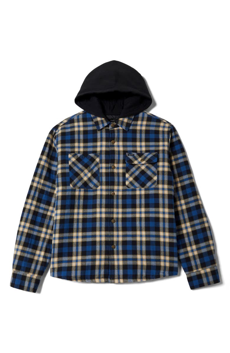 Brixton Bowery Quilted Hooded Plaid Flannel Snap-Up Jacket, Alternate, color, Navy/ Cream