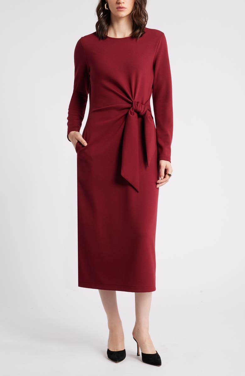Nordstrom Tie Waist Long Sleeve Knit Midi Dress, Main, color, Red Grape