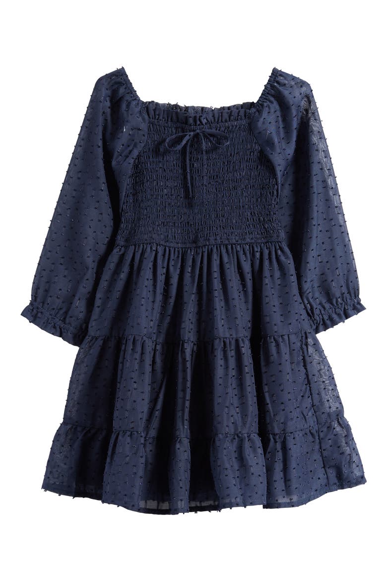 Kids' Metallic Smocked Bodice Long Sleeve Clip-Dot Chiffon Party Dress, Main, color, NAVY