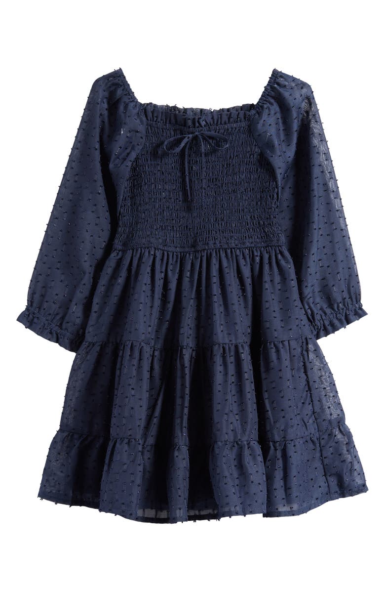 Ava & Yelly Kids' Metallic Smocked Bodice Long Sleeve Clip-Dot Chiffon Party Dress, Main, color, Navy