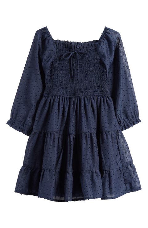 Kids' Metallic Smocked Bodice Long Sleeve Clip-Dot Chiffon Party Dress (Little Kid)