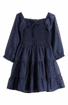 Ava & Yelly Kids' Metallic Smocked Bodice Long Sleeve Clip-Dot Chiffon Party Dress