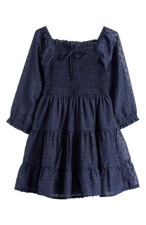 Ava & Yelly Kids' Metallic Smocked Bodice Long Sleeve Clip-dot Chiffon Party Dress In Blue