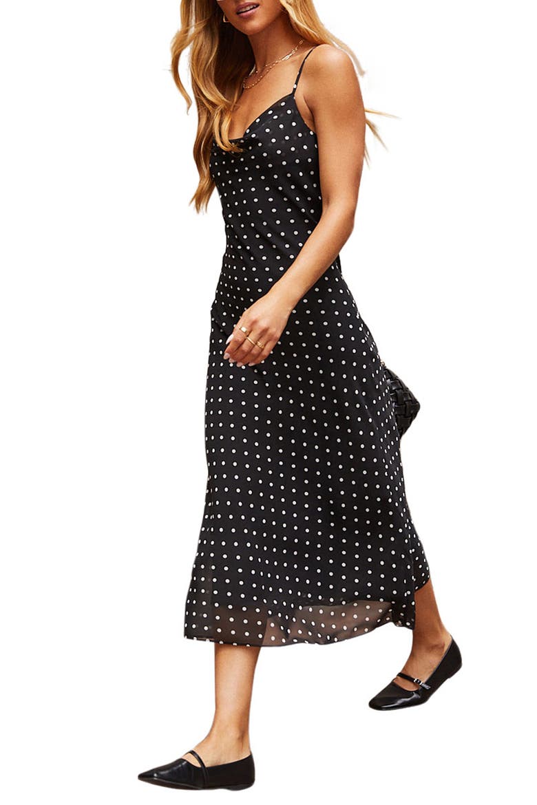 Ainsley Polka Dot Midi Slipdress, Alternate, color, BLACK