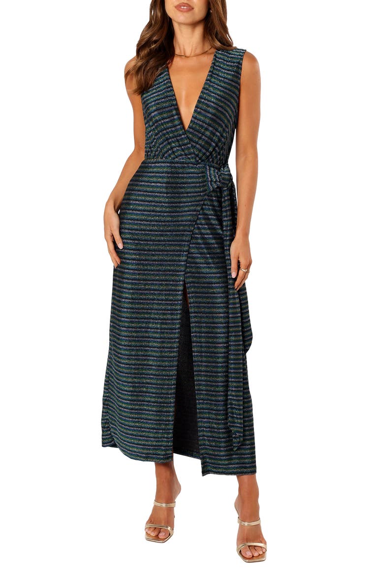 Tahlia Metallic Stripe Wrap Midi Dress, Main, color, BLUE GOLD STRIPE