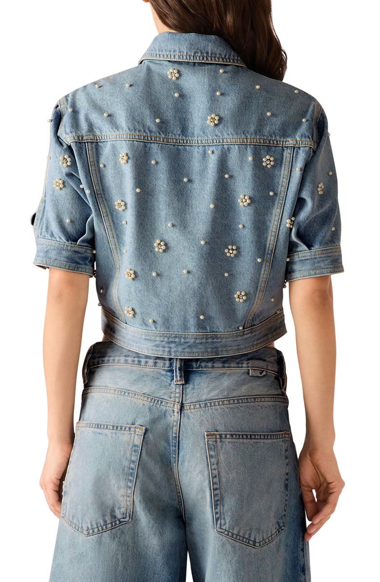Steve Madden Blu Faux Pearl Detail Short Sleeve Denim Jacket, Alternate, color, Coastal Buffalo