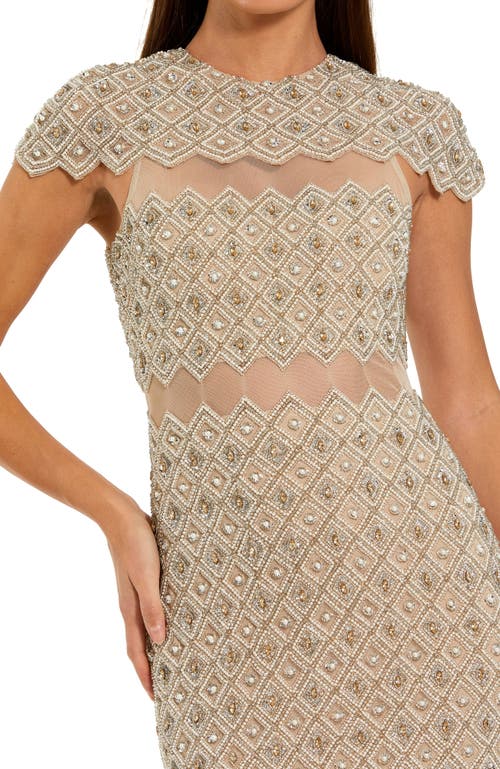 Mac Duggal Beaded Mesh Fitted Midi Dress With Sheer Panels In Neutral