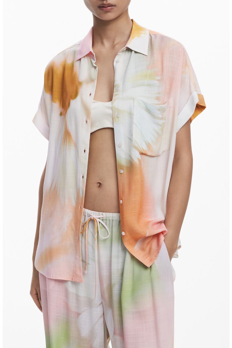 Abstract Print Short Sleeve Button-Up Shirt, Main, color, WHITE