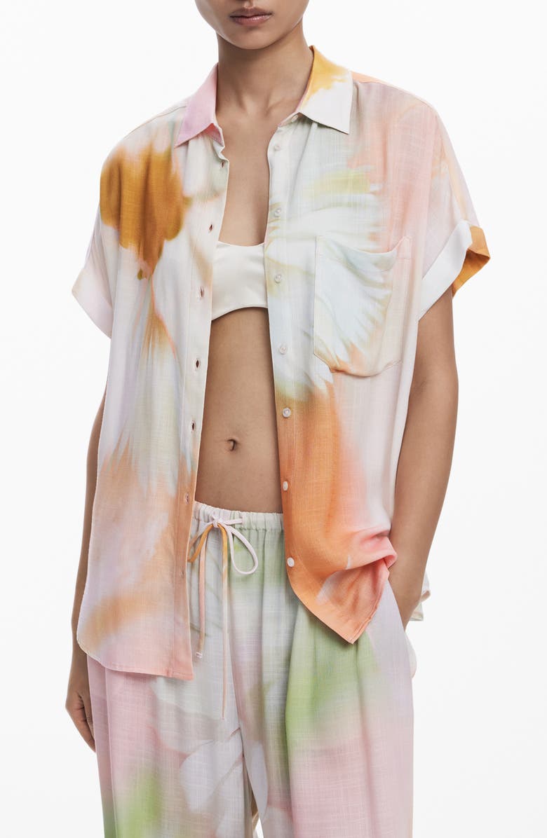 Desigual Abstract Print Short Sleeve Button-Up Shirt, Main, color, White