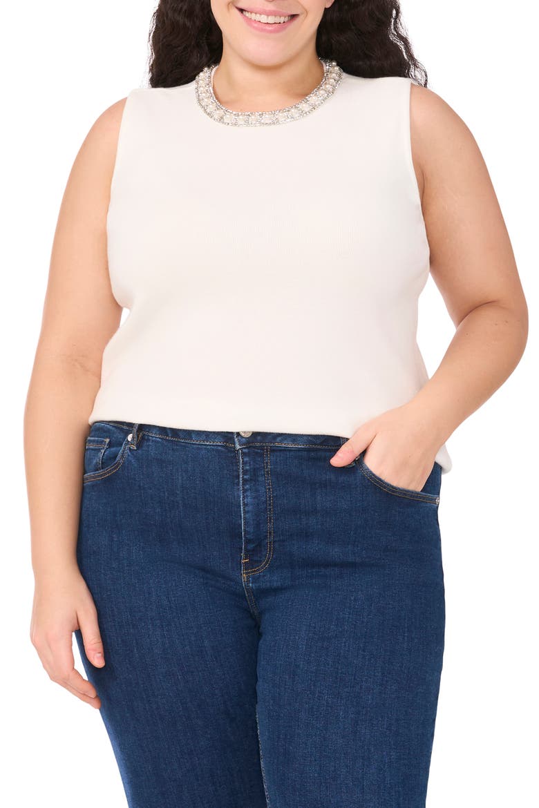 Faux Pearl & Rhinestone Detail Sweater Tank, Main, color, ANTIQUE WHITE