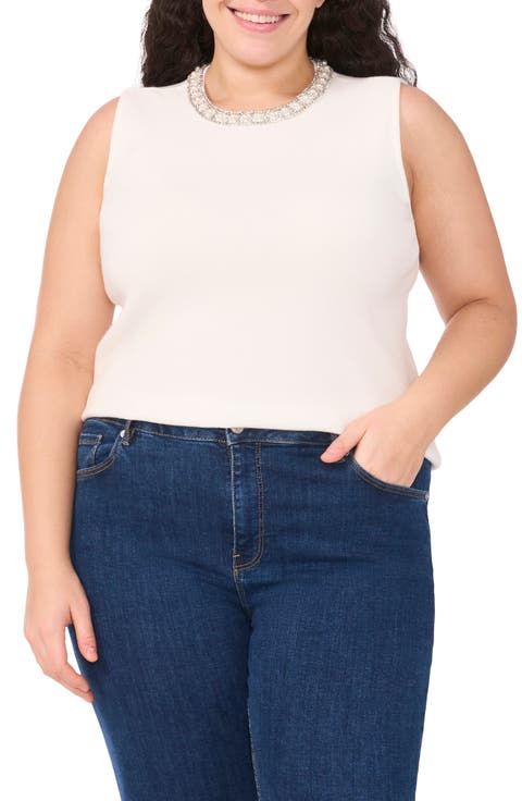 Faux Pearl & Rhinestone Detail Sweater Tank (Plus)