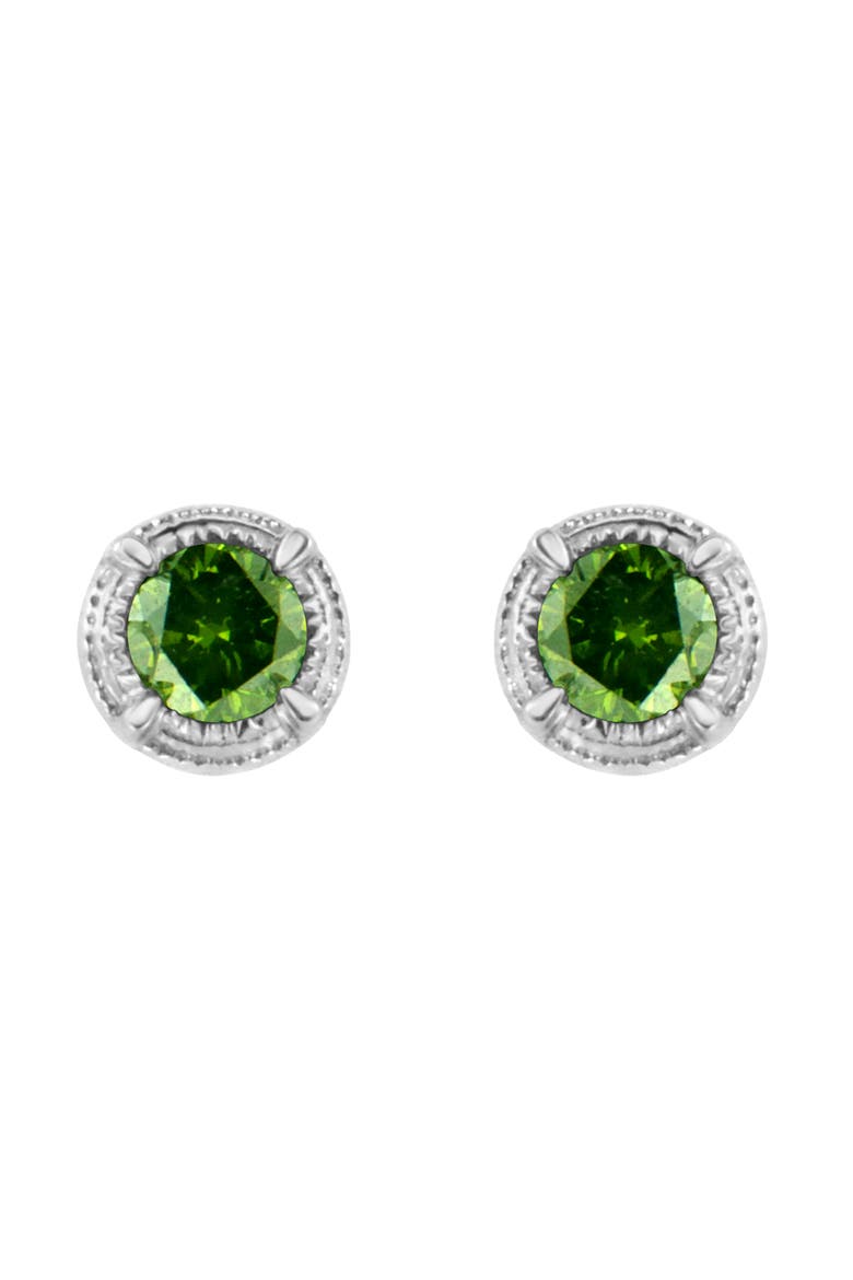 Silver 1/4 Ct Treated Colored Diamond Solitaire Milgrain Stud Earrings, Main, color, Green Diamond