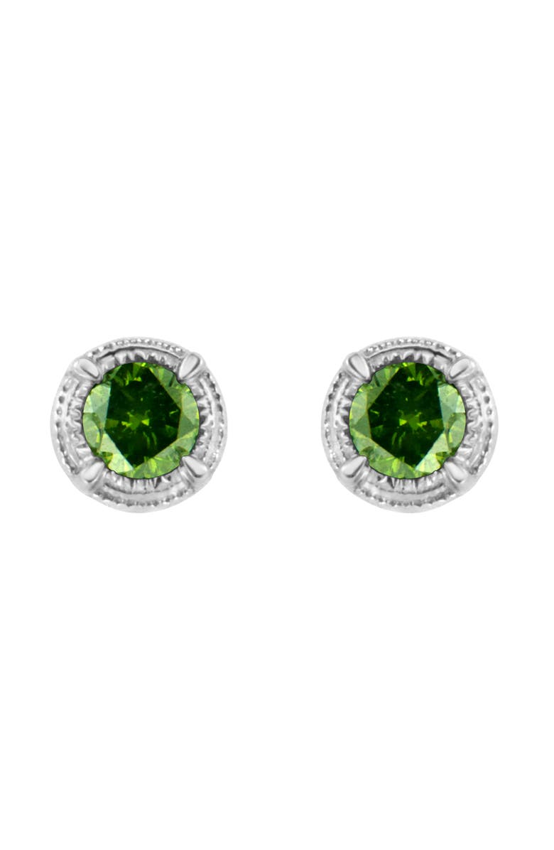 Haus of Brilliance Silver 1/4 Ct Treated Colored Diamond Solitaire Milgrain Stud Earrings, Main, color, Green Diamond