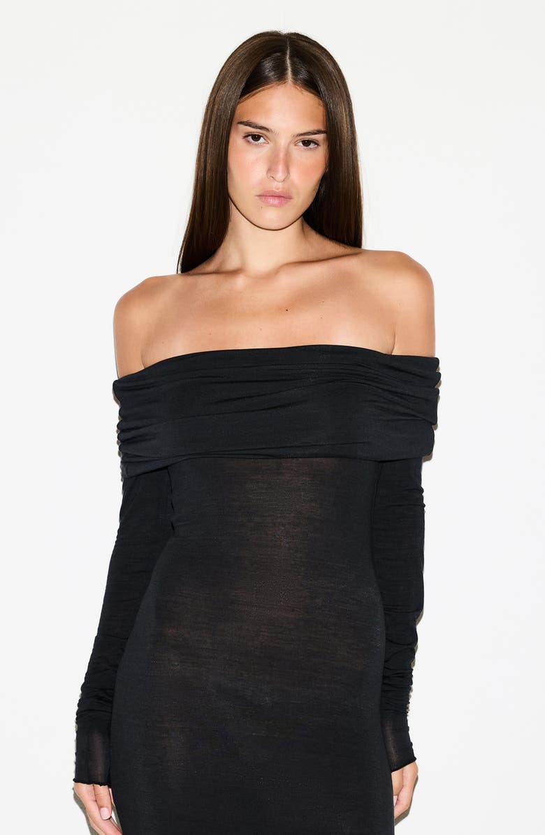 SKIMS Sheer Modal Off the Shoulder Long Sleeve Maxi Dress, Alternate, color, Onyx