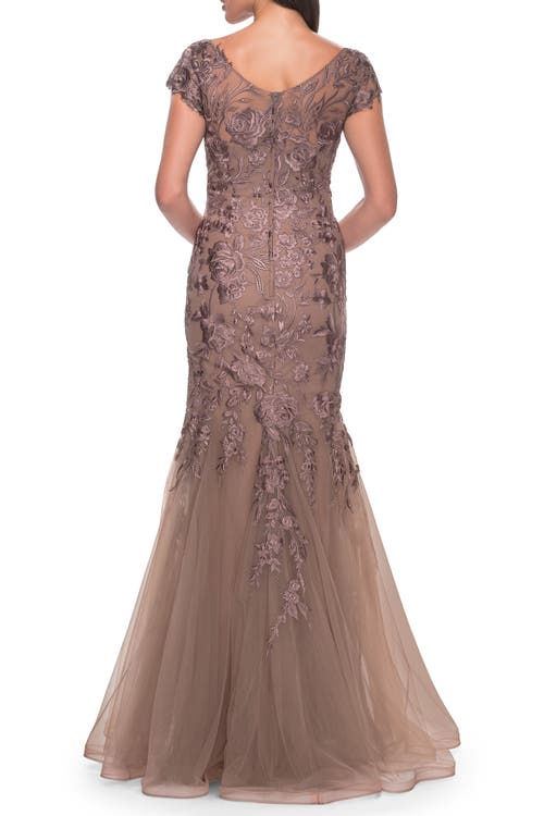 La Femme Lace And Tulle Mermaid Gown With Cap Sleeves In Cocoa