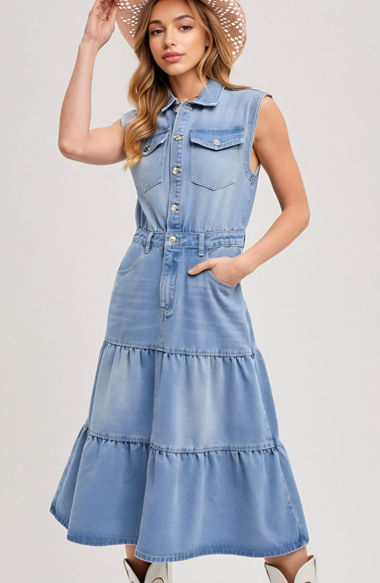 Knit and Lounge Sleeveless Denim Midi Dress, Main, color, Light Blue