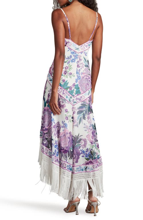 Tadashi Shoji Lua Floral Print Tassel Fringe Slip Dress In White/purple Floral