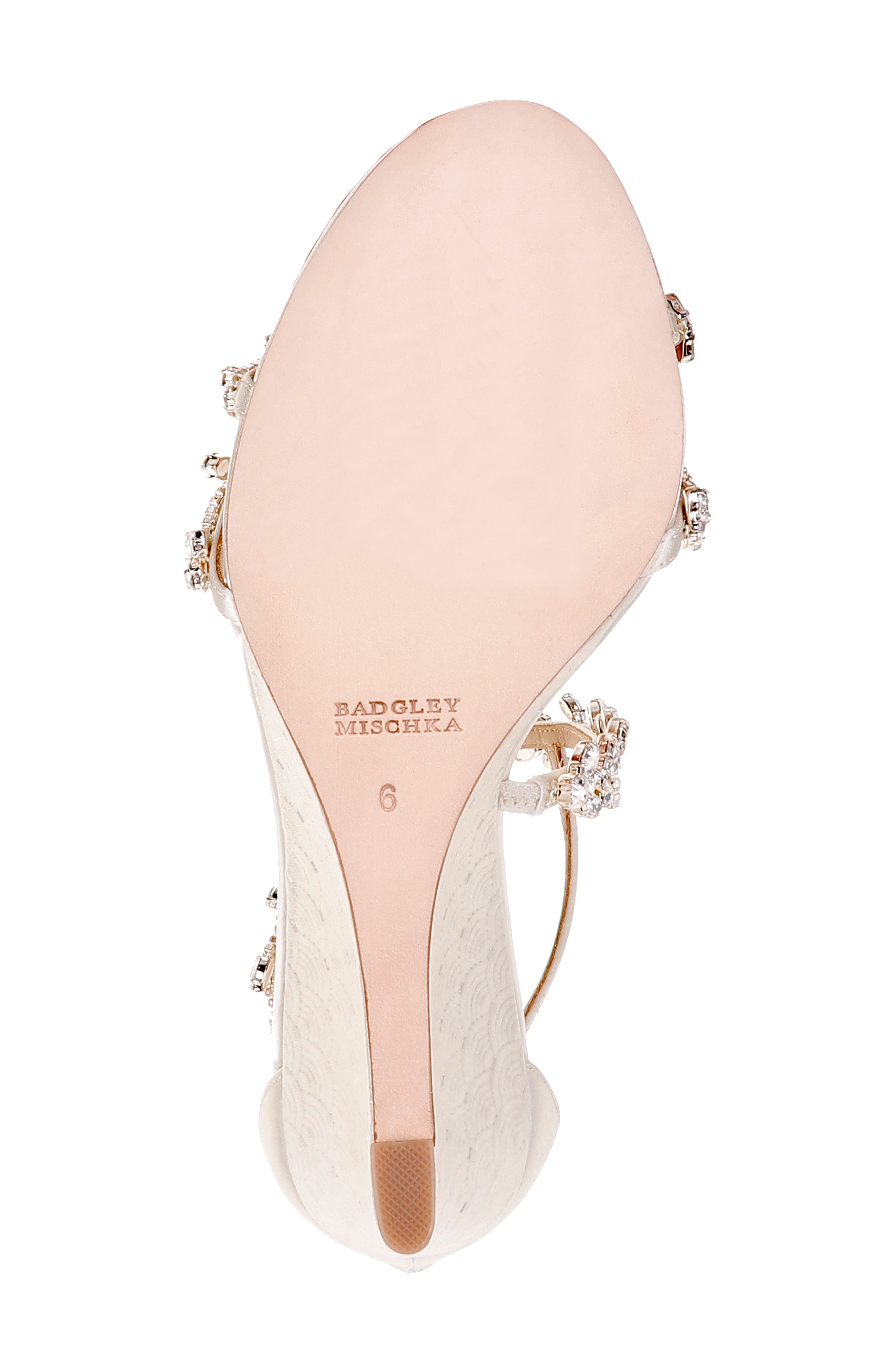 Badgley Mischka Collection Feather Crystal Embellished Wedge Sandal, Alternate, color, 