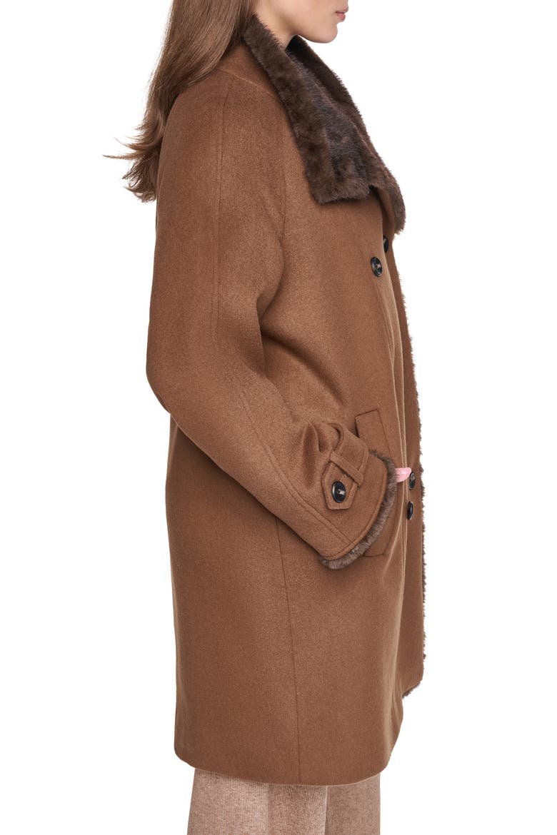 Faux Mink Trim Double Breasted Wool Blend Coat, Alternate, color, VICUNA