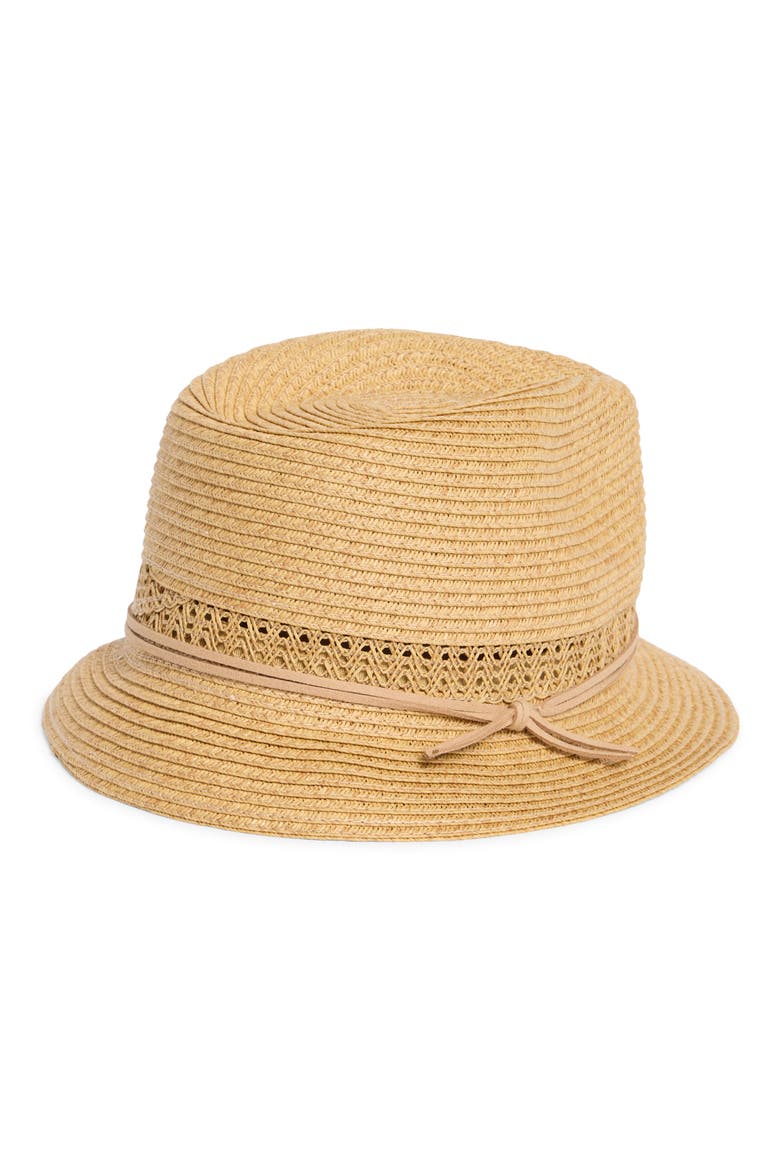 Lace Inset Straw Fedora, Alternate, color, HEATHER TAN