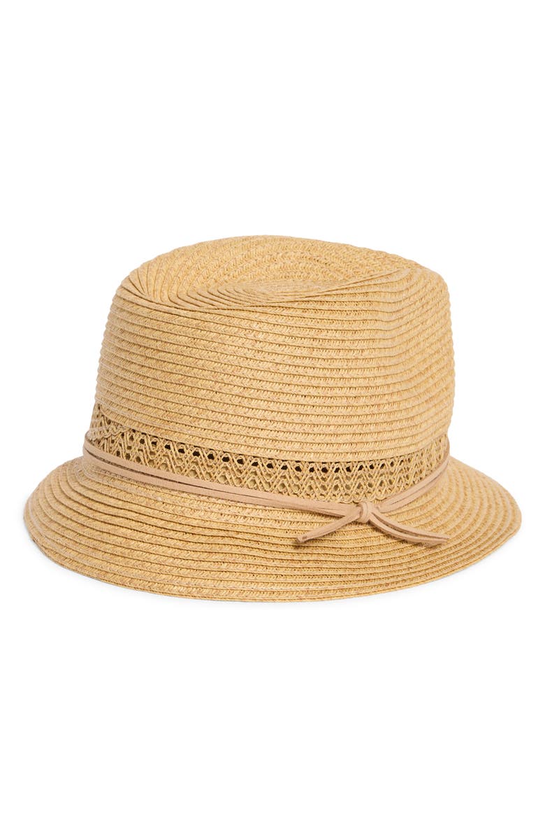 Nine West Lace Inset Straw Fedora, Alternate, color, Heather Tan
