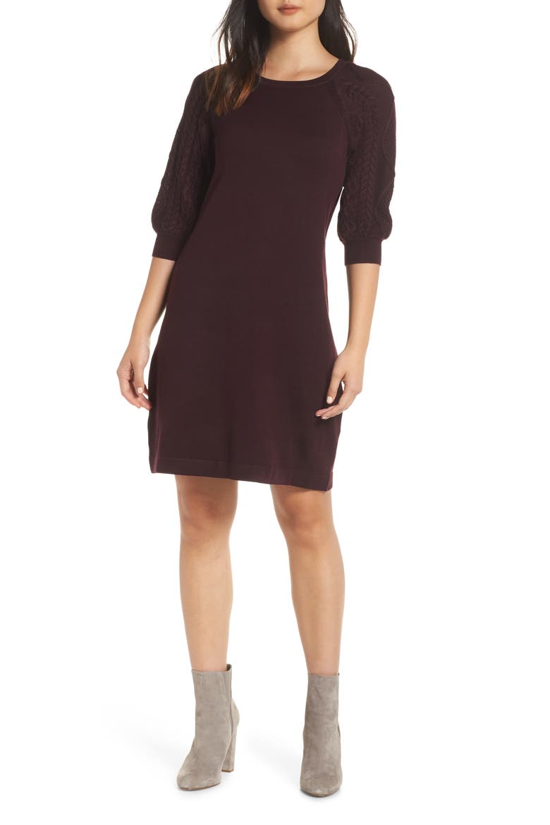 Cable Sleeve Sweater Dress, Main, color, AUBERGINE