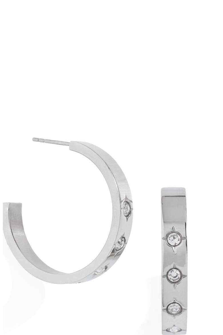 Crystal Accent Hoop Earrings, Main, color, Silver