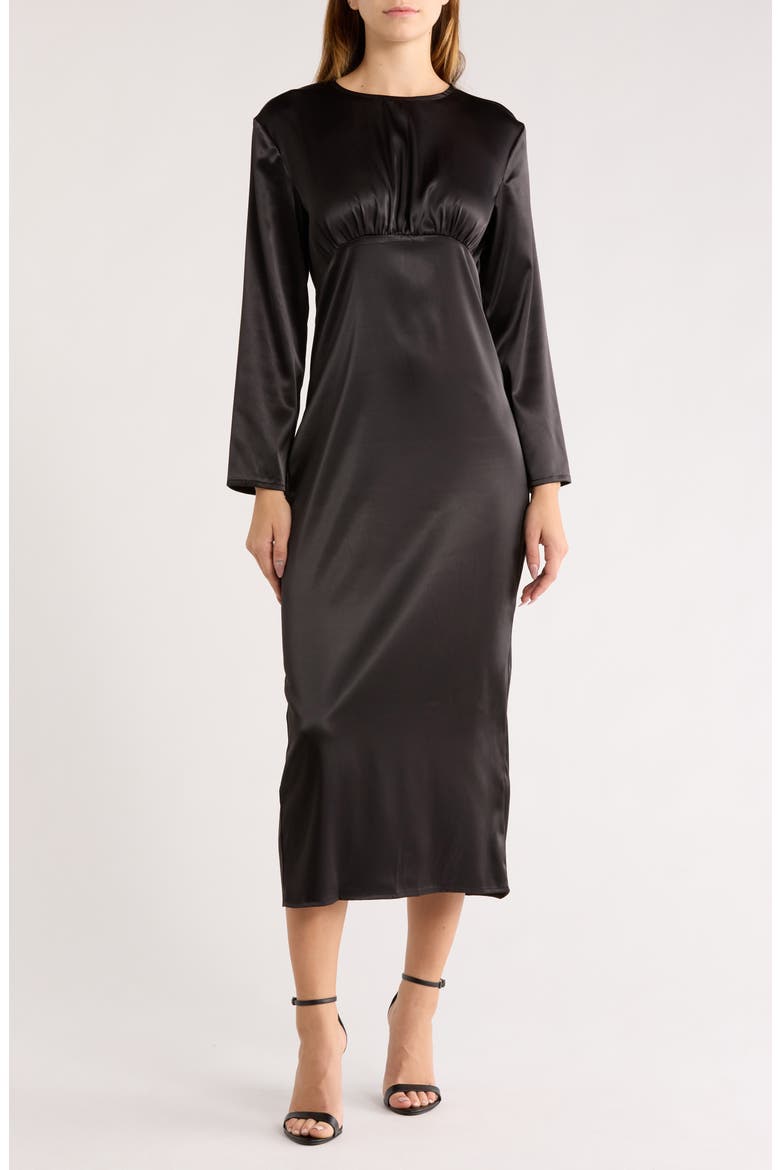Long Sleeve Satin Midi Dress, Main, color, BLACK