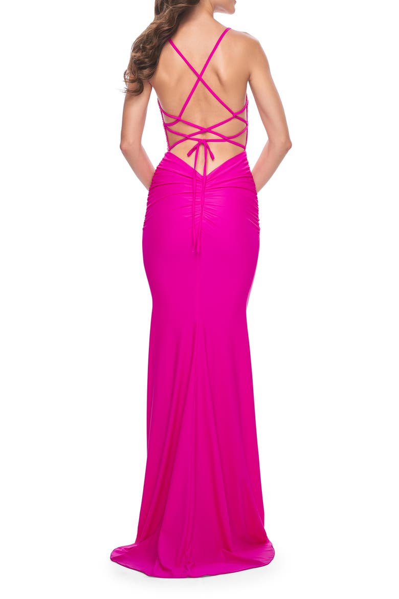 Rhinestone Bodice with Ruched Jersey Skirt Prom Dress, Alternate, color, Hot Fuchsia